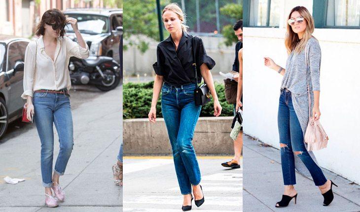 Na imagem há 3 fotos de mulheres com calças jeans retas