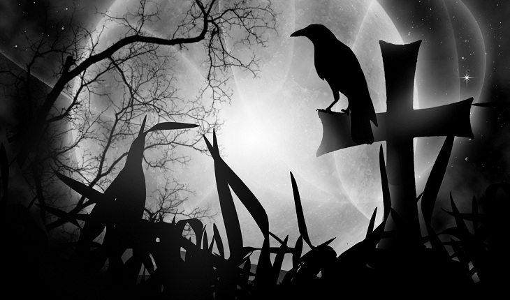 Dois corvos em cemitério em noite de lua cheia