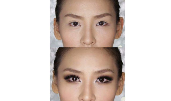Na foto há o antes e depois de maquiagem em uma japonesa