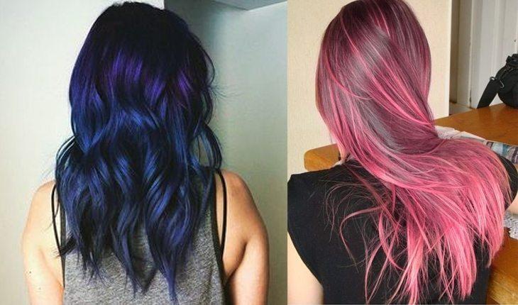 Na imagem há duas fotos de mulheres com o cabelo colorido estilo fantasia