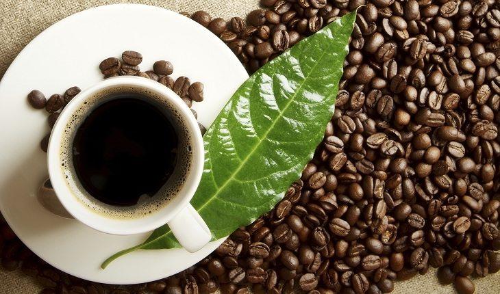 Xícara de café com grãos e folha verde