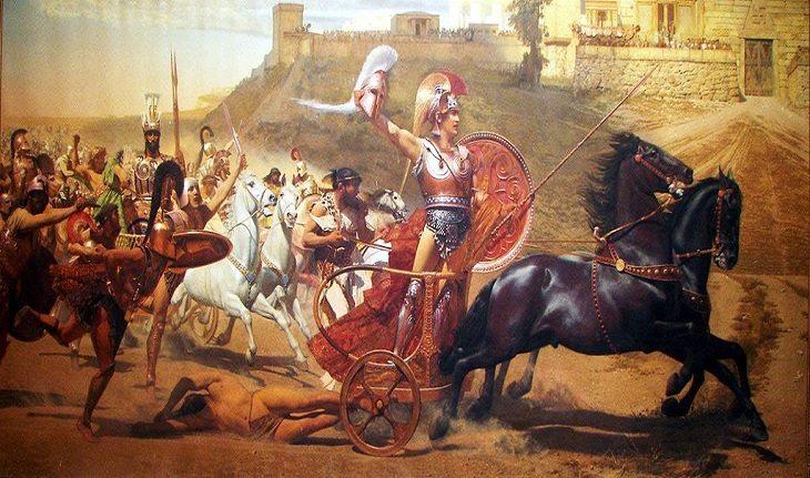 Pintura retratando Aquiles após derrotar Heitor em Tróia - deuses e heróis mitologia grega