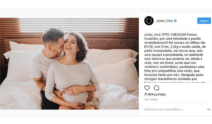 Na foto há a publicação do Instagram em que Junior anuncia o nascimento de seu filho