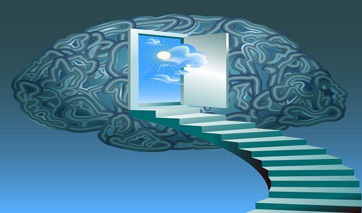 ilustração de uma escada levando a uma porta aberta dentro de um cérebro