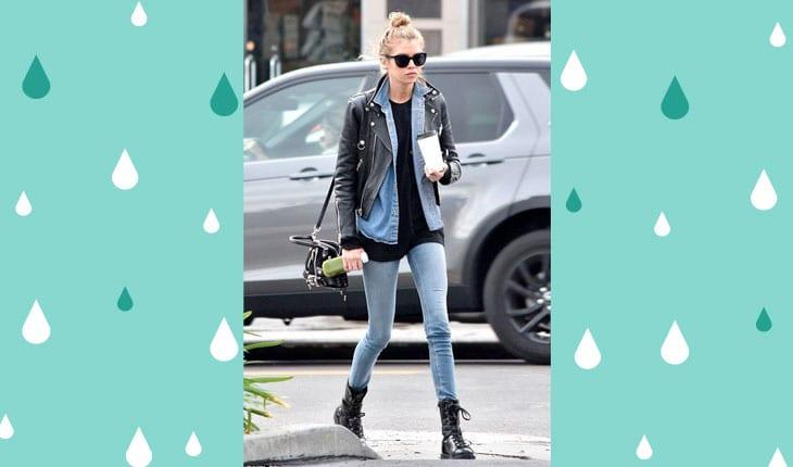 look para dia de chuva - mulher com jeans, jaqueta de couro e coturno