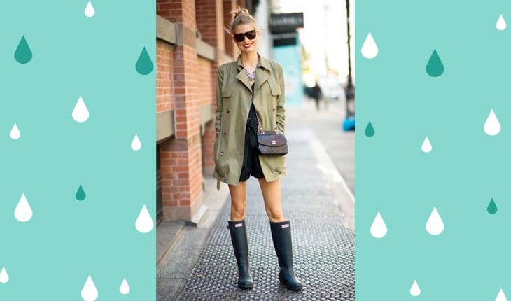 Looks para dia de chuva - mulher com jaqueta verde-militar e galocha preta