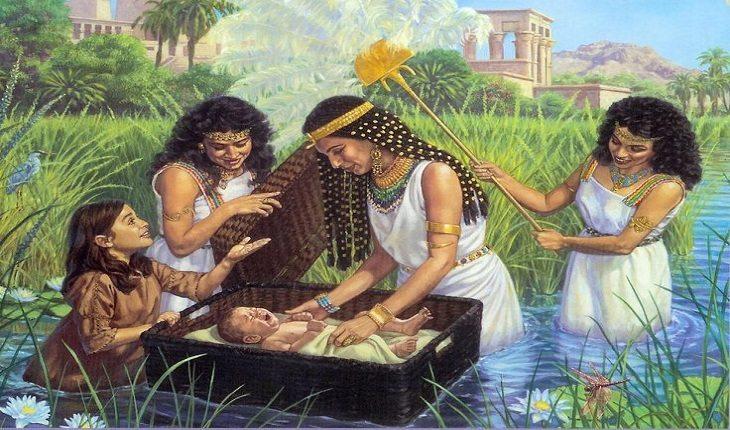 ilustração de Miriã à beira do rio, entregando seu irmãos Moisés à princesa do Egito