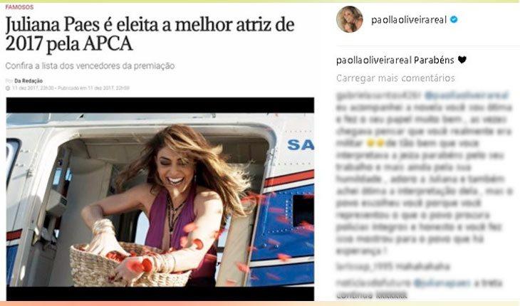 Paolla Oliveira evita Sapucaí. Na foto, publicação de Paolla Oliveira no Instagram