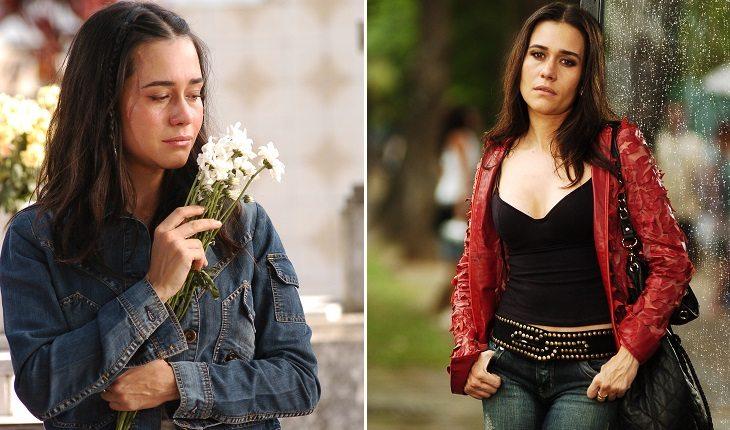 Na foto, as duas personagens gêmeas interpretadas por Alessandra Negrini: Paula e Taís. Paula chora segurando uma flor e Taís está parada em um ponto de ônibus