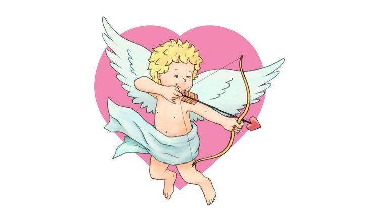 Cupido mirando flecha com um coração rosa atrás