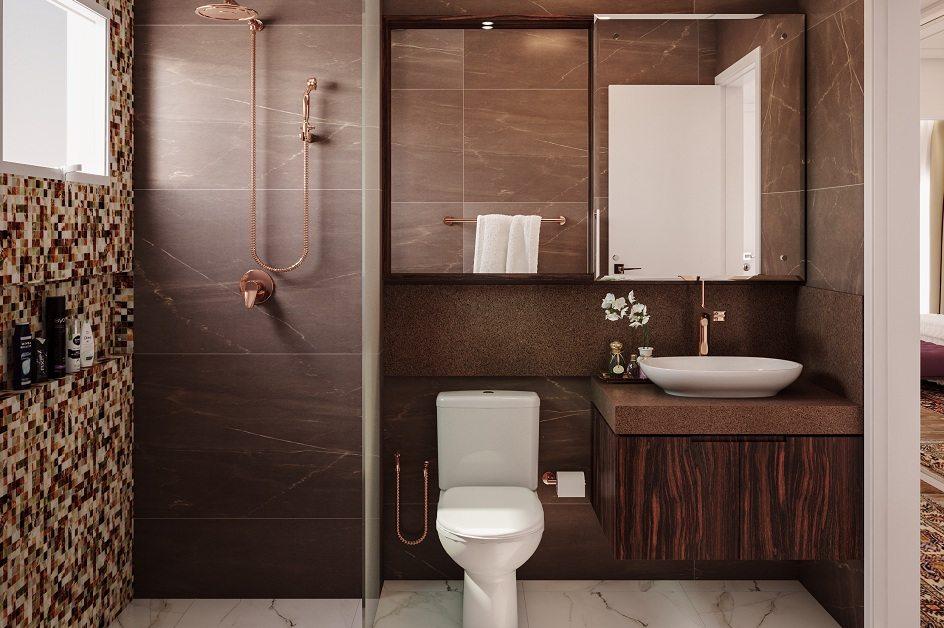 banheiro com tons amadeirados e revestimentos que imitam madeira