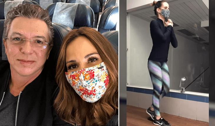 Famosos que venceram a batalha contra o câncer. A apresentadora Ana Furtado está em período de tratamento. Em uma das fotos está com uma máscara cirúrgica ao lado do esposo. Na outra, malhando com a máscara.