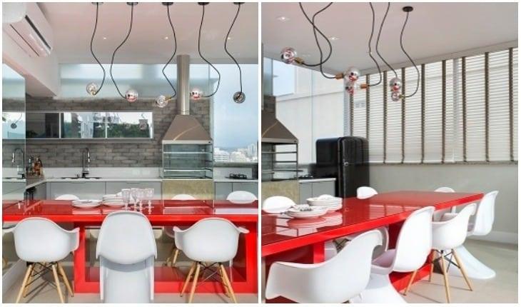 duas fotos da cozinha integrada da casa, com mesa vermelha e cadeiras brancas