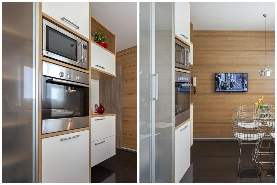 Duas fotos da cozinha, mostrando os armários embutidos nos quais estão instalados o microondas e o forno