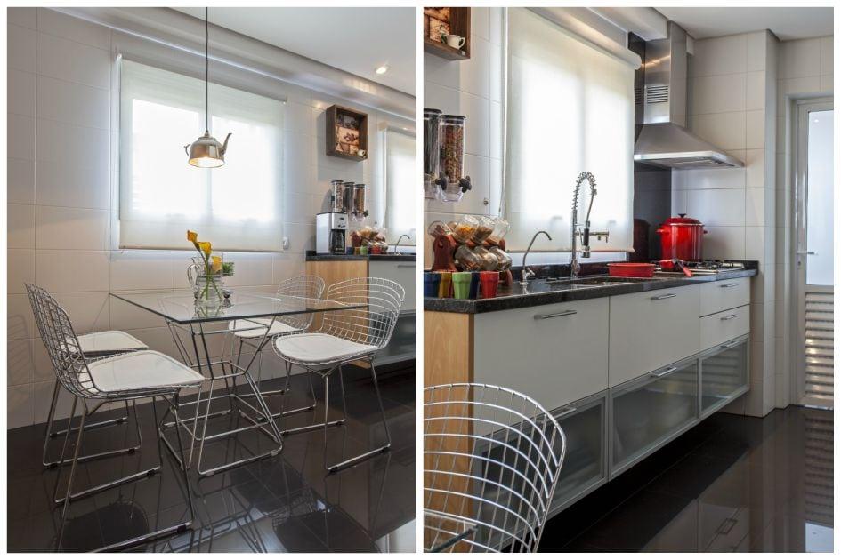 Duas fotos da cozinha, mostrando a mesa de vidro e a bancada com armários embutidos brancos e em vidro fosco