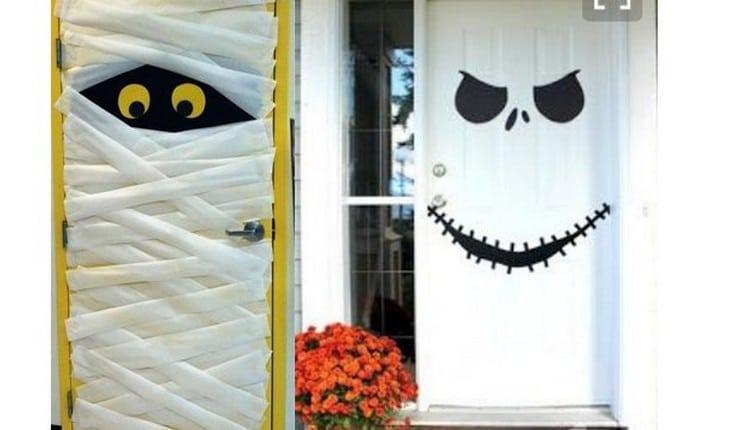 Na foto há uma ideia de decoração de Halloween com portas de entrada decoradas
