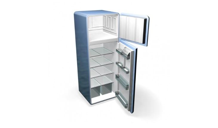Desenho de geladeira azul em 3D com portas abertas